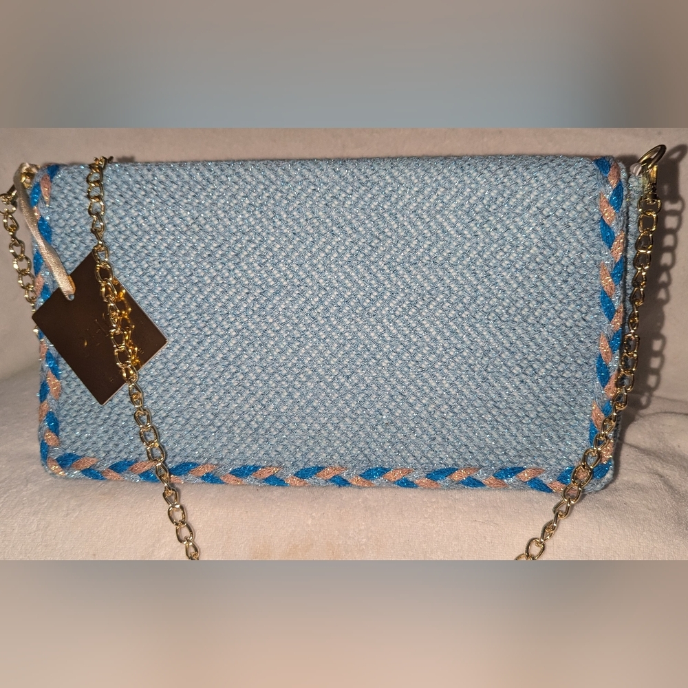 PHO Firenze Blue and Gold Chain Women's  envelope style bag.